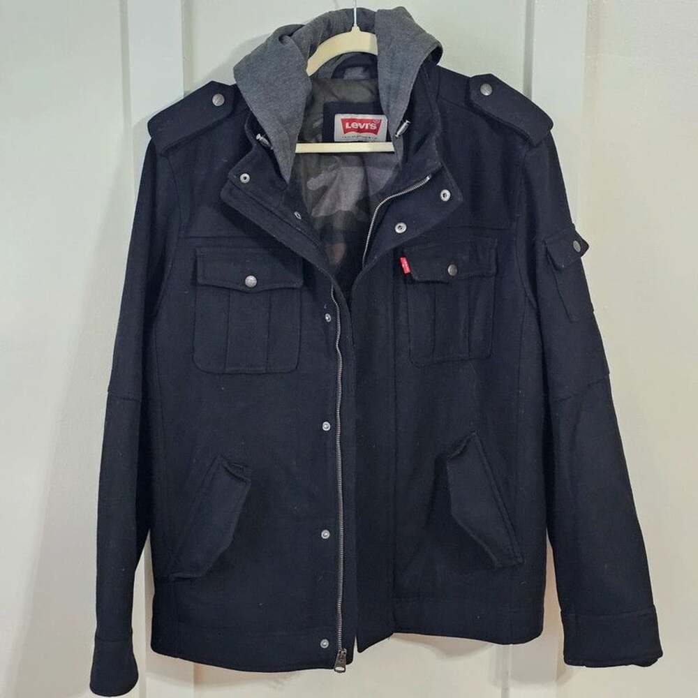 Levi's Men's L Black Wool Blend Hooded Military Field Jacket Camo Lined